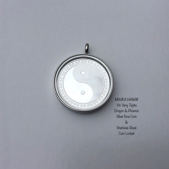 Yin Yang Taijitu Silver Tone Coin & Glass Stainless Locket 60cm Stainless Chain - Picture 7 of 10